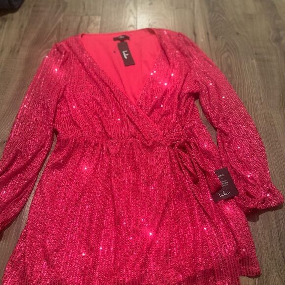 Glamorous LuLus Hot Pink Sequin Faux-Wrap Romper- NWT - Picture 6 of 15